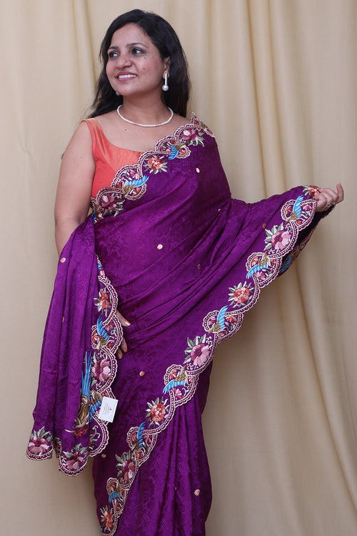Purple Hand Embroidered Parsi Gara Pure Crepe Scalloped Border Saree - Luxurion World
