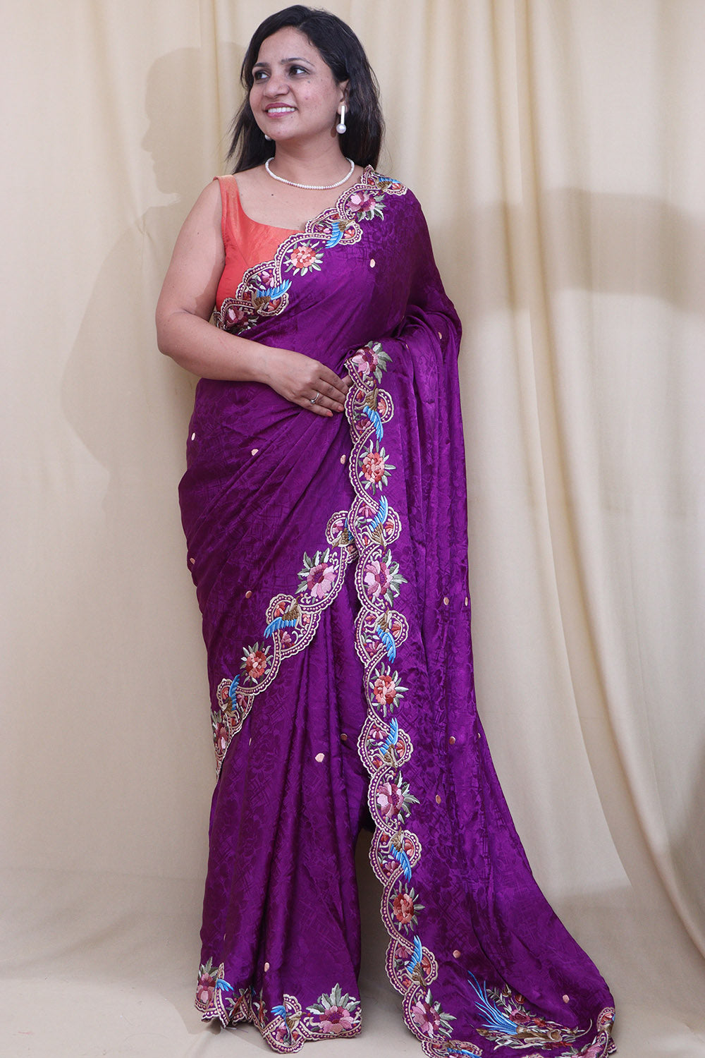 Purple Hand Embroidered Parsi Gara Pure Crepe Scalloped Border Saree - Luxurion World