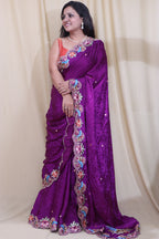 Purple Hand Embroidered Parsi Gara Pure Crepe Scalloped Border Saree - Luxurion World