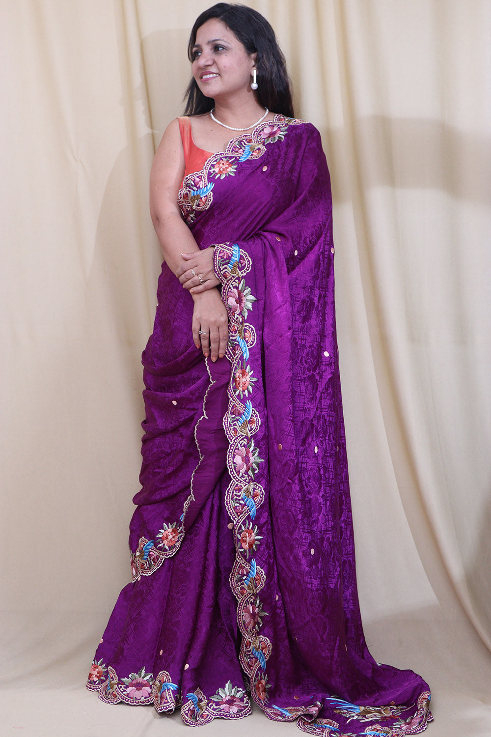Purple Hand Embroidered Parsi Gara Pure Crepe Scalloped Border Saree - Luxurion World