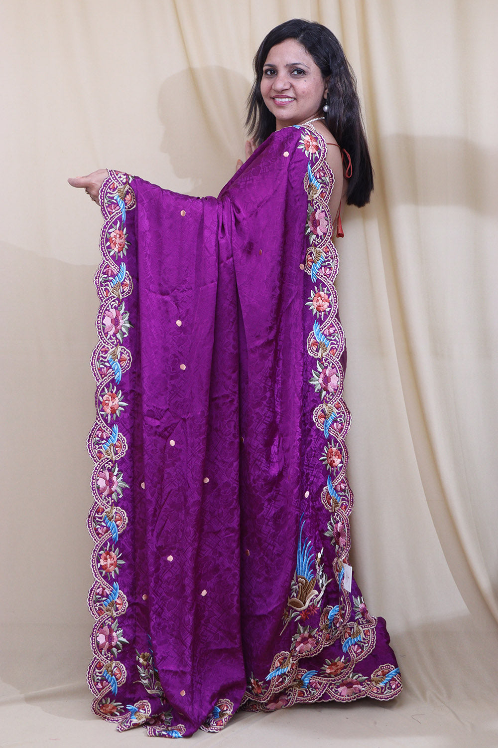Purple Hand Embroidered Parsi Gara Pure Crepe Scalloped Border Saree - Luxurion World