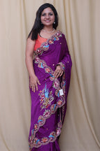 Purple Hand Embroidered Parsi Gara Pure Crepe Scalloped Border Saree - Luxurion World