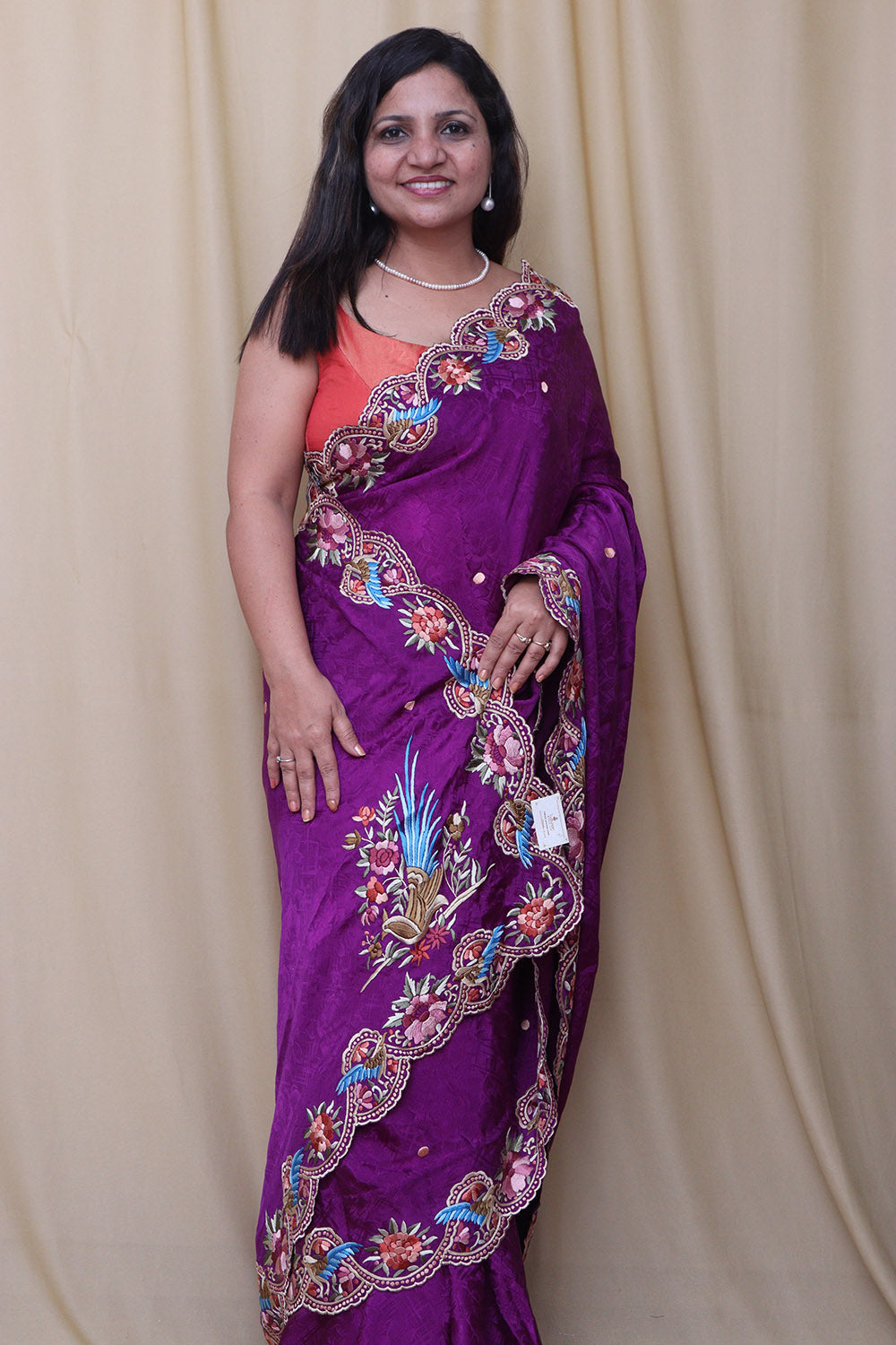 Purple Hand Embroidered Parsi Gara Pure Crepe Scalloped Border Saree - Luxurion World