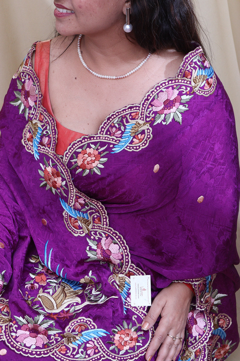 Purple Hand Embroidered Parsi Gara Pure Crepe Scalloped Border Saree - Luxurion World