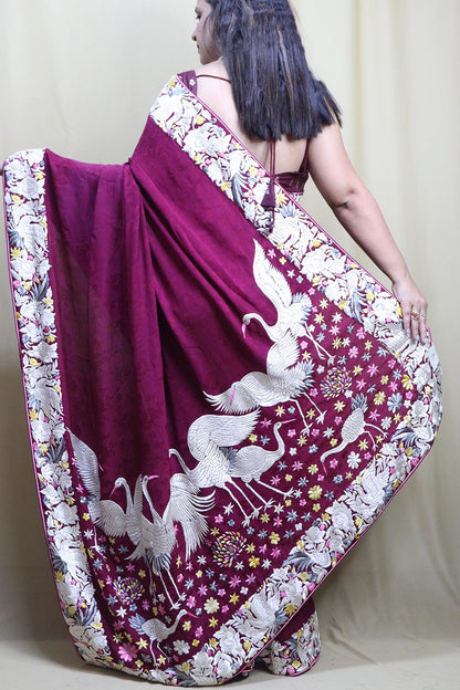 Elegant Purple Hand Embroidered Parsi Gara Crepe Saree - Luxurion World