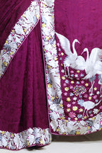 Elegant Purple Hand Embroidered Parsi Gara Crepe Saree - Luxurion World