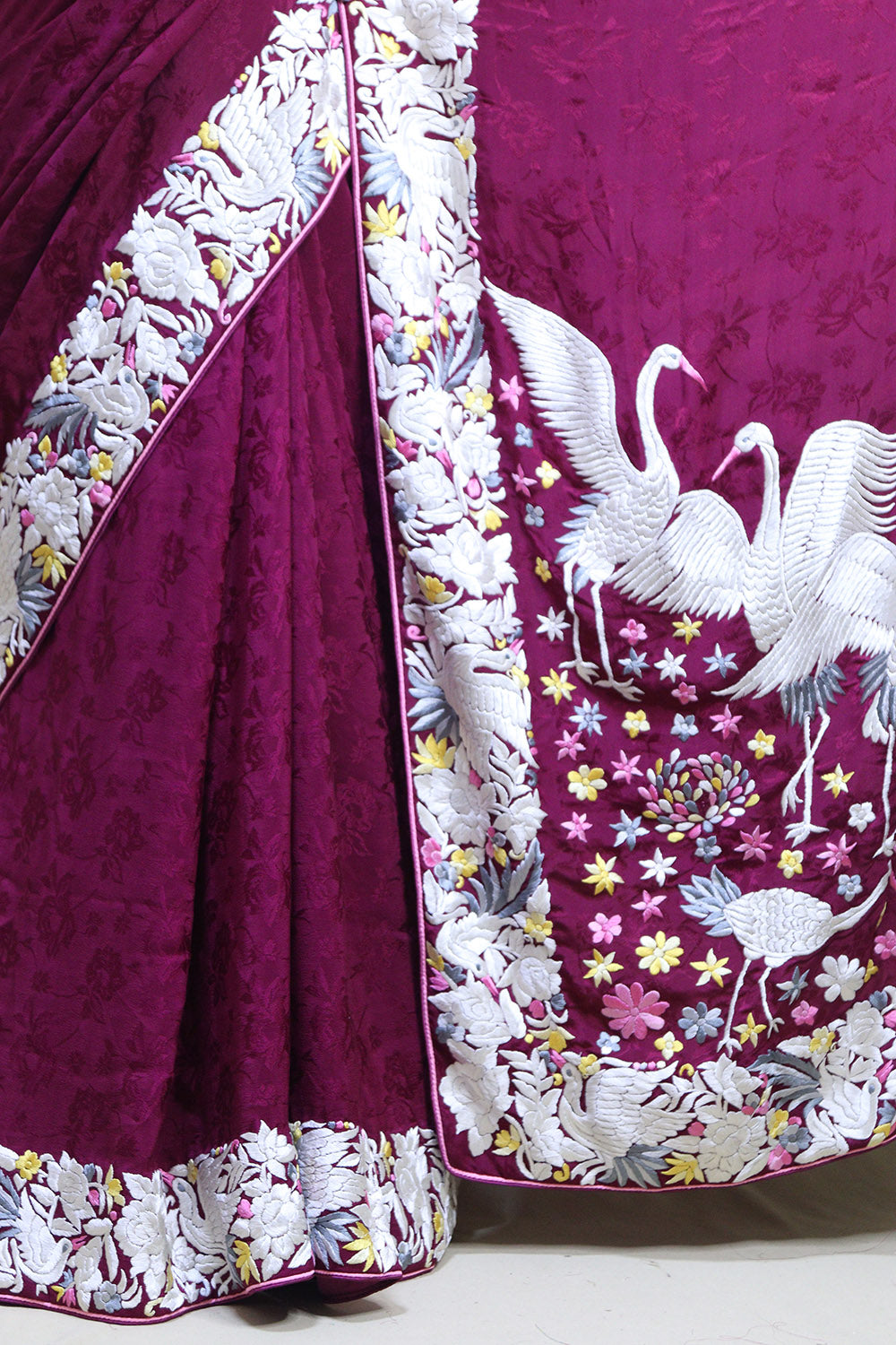 Elegant Purple Hand Embroidered Parsi Gara Crepe Saree - Luxurion World