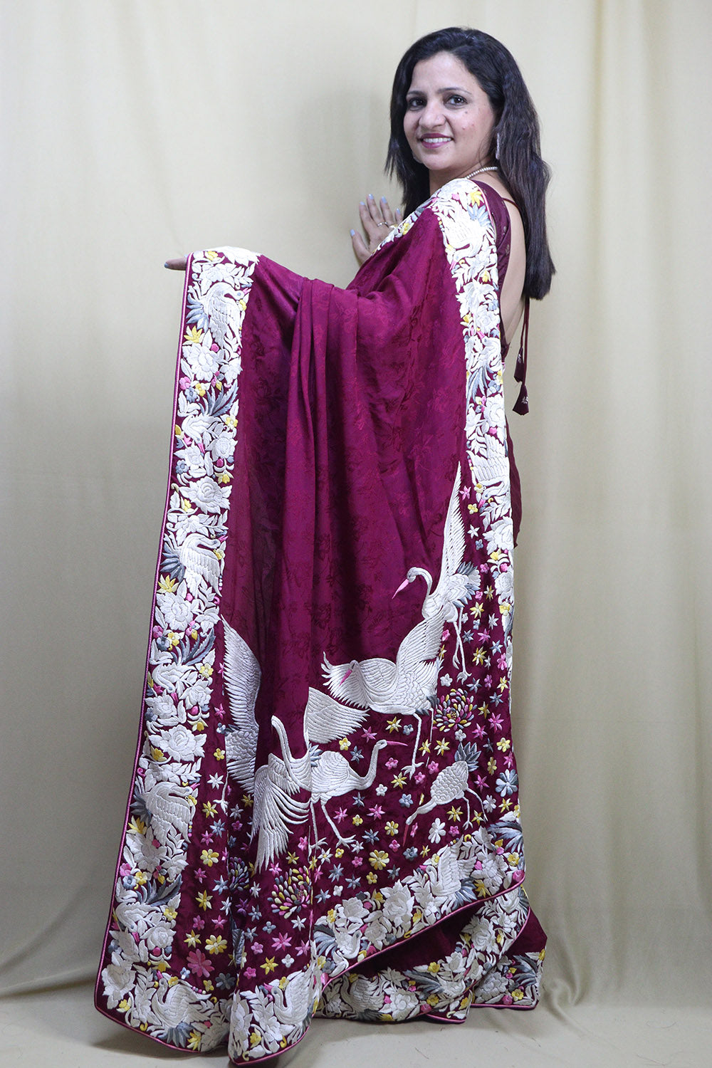 Elegant Purple Hand Embroidered Parsi Gara Crepe Saree - Luxurion World