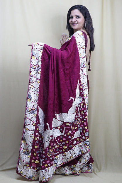 Elegant Purple Hand Embroidered Parsi Gara Crepe Saree - Luxurion World