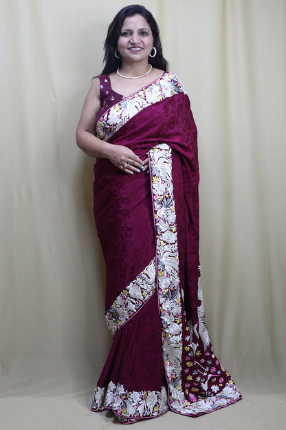Elegant Purple Hand Embroidered Parsi Gara Crepe Saree - Luxurion World