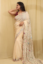 Pastel Hand Embroidered Parsi Gara Crepe Saree - Luxurion World