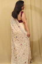 Pastel Hand Embroidered Parsi Gara Crepe Saree - Luxurion World