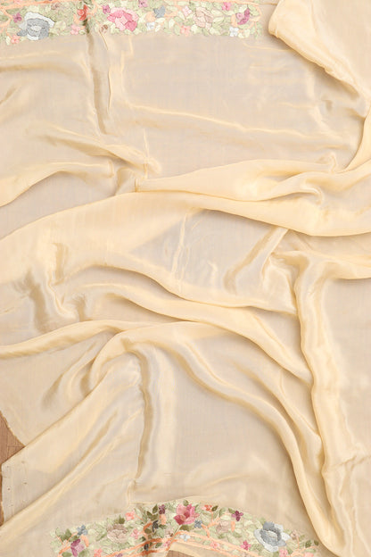 Pastel Hand Embroidered Parsi Gara Crepe Saree - Luxurion World