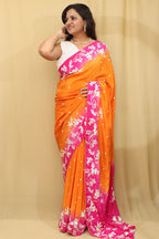 Vibrant Orange and Pink Hand Embroidered Parsi Gara Crepe Saree - Luxurion World