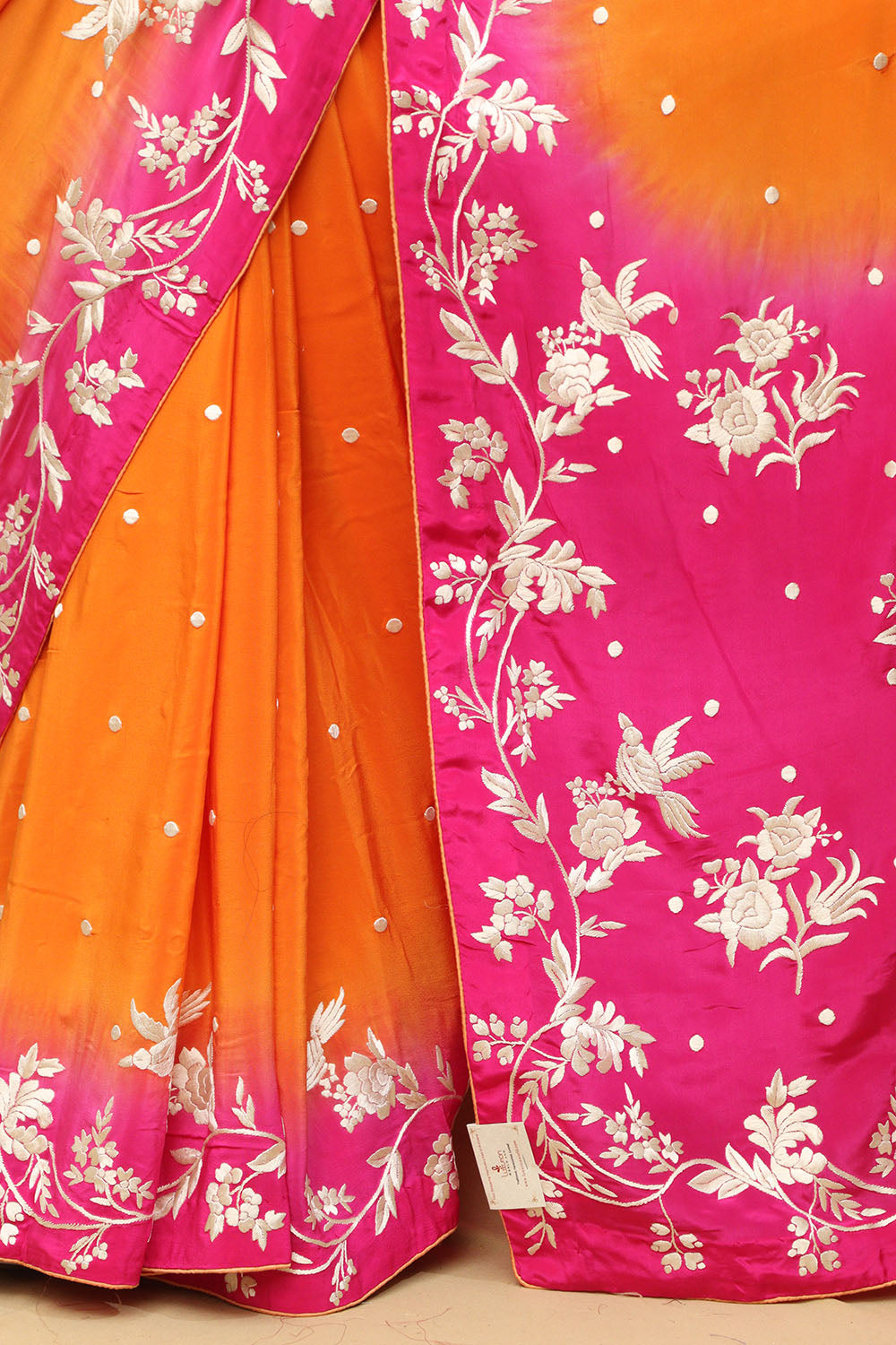 Vibrant Orange and Pink Hand Embroidered Parsi Gara Crepe Saree - Luxurion World