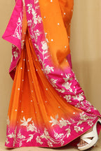Vibrant Orange and Pink Hand Embroidered Parsi Gara Crepe Saree - Luxurion World