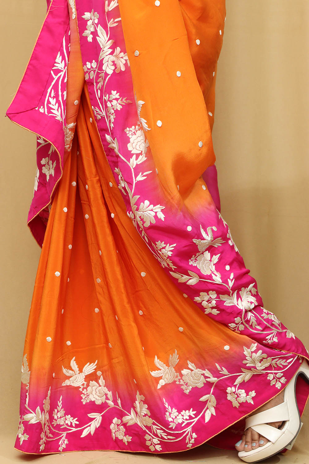 Vibrant Orange and Pink Hand Embroidered Parsi Gara Crepe Saree - Luxurion World