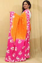 Vibrant Orange and Pink Hand Embroidered Parsi Gara Crepe Saree - Luxurion World