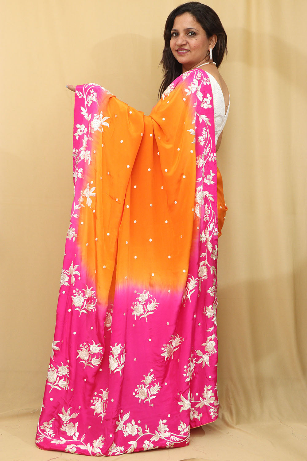 Vibrant Orange and Pink Hand Embroidered Parsi Gara Crepe Saree - Luxurion World