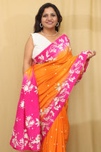 Vibrant Orange and Pink Hand Embroidered Parsi Gara Crepe Saree - Luxurion World
