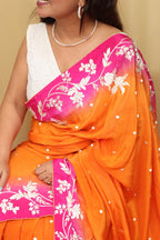 Vibrant Orange and Pink Hand Embroidered Parsi Gara Crepe Saree - Luxurion World