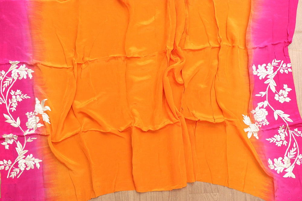 Vibrant Orange and Pink Hand Embroidered Parsi Gara Crepe Saree - Luxurion World