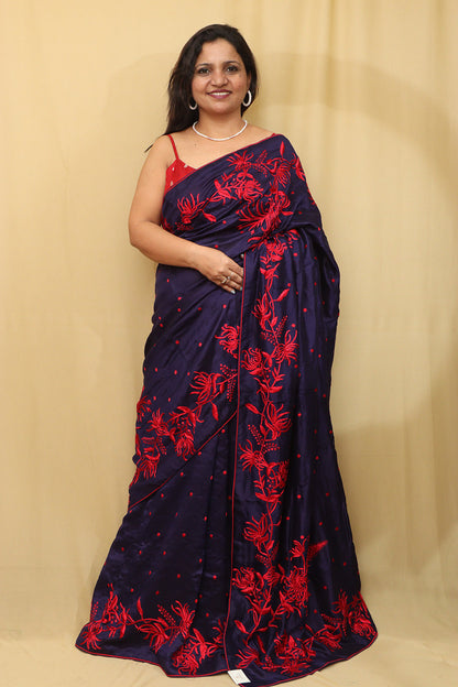 Exquisite Blue Hand Embroidered Parsi Gara Tussar Silk Saree - Luxurion World