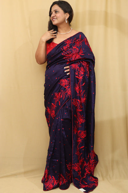 Exquisite Blue Hand Embroidered Parsi Gara Tussar Silk Saree - Luxurion World