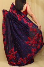 Exquisite Blue Hand Embroidered Parsi Gara Tussar Silk Saree - Luxurion World