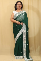 Green Hand Embroidered Parsi Gara Georgette Saree - Luxurion World