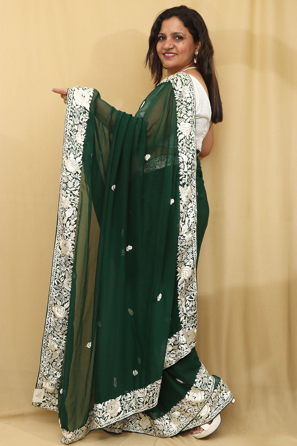 Green Hand Embroidered Parsi Gara Georgette Saree - Luxurion World