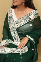 Green Hand Embroidered Parsi Gara Georgette Saree - Luxurion World