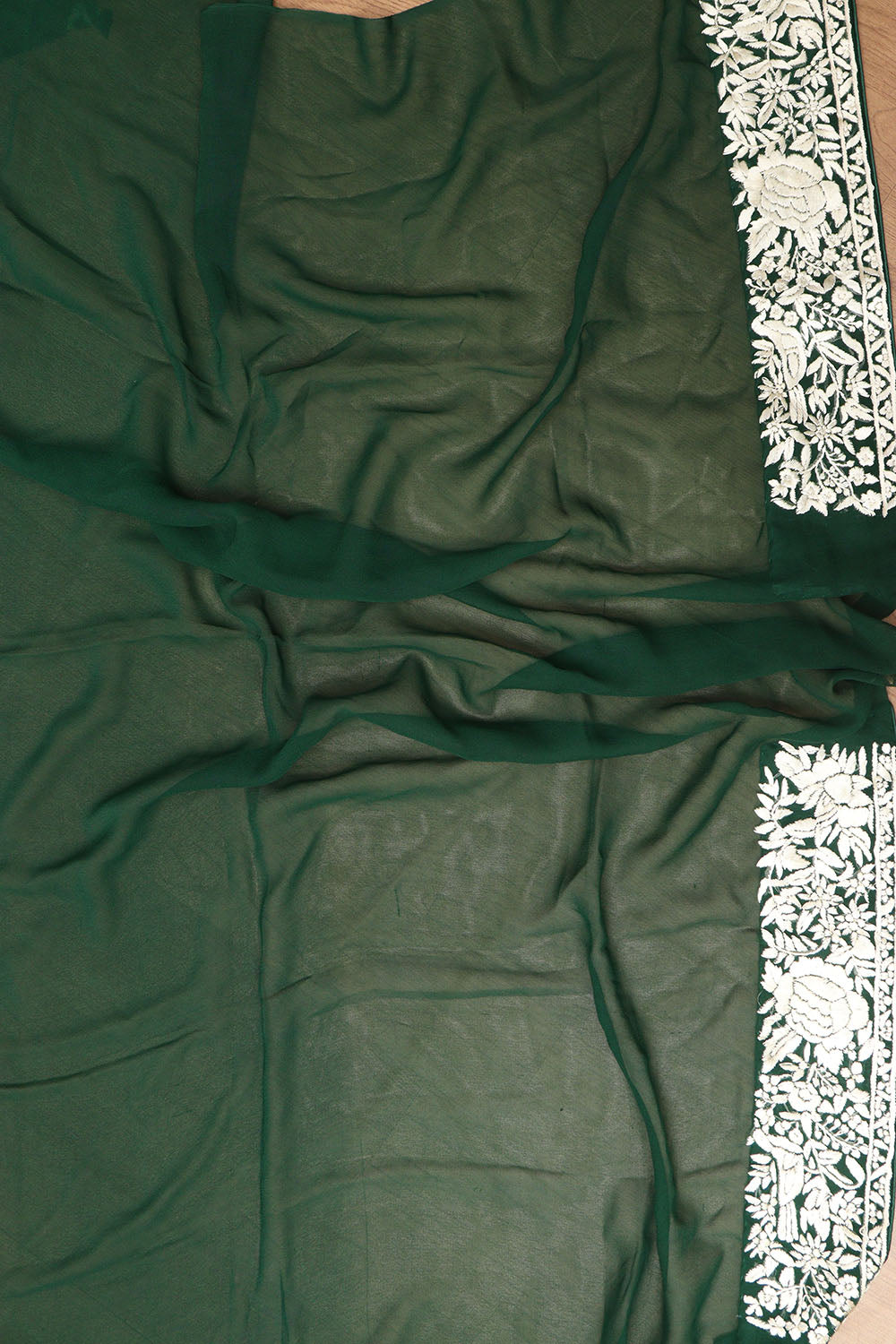 Green Hand Embroidered Parsi Gara Georgette Saree - Luxurion World