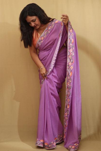 Exquisite Purple Hand Embroidered Parsi Gara Saree - Luxurion World