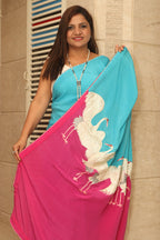 Blue And Pink Parsi Gara Hand Embroidered Pure Crepe Bird Design Saree - Luxurion World
