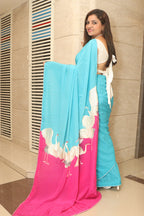 Blue And Pink Parsi Gara Hand Embroidered Pure Crepe Bird Design Saree - Luxurion World
