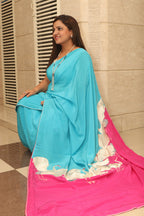 Blue And Pink Parsi Gara Hand Embroidered Pure Crepe Bird Design Saree - Luxurion World