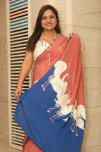 Blue And Brown Parsi Gara Hand Embroidered Pure Crepe Bird Design Saree - Luxurion World