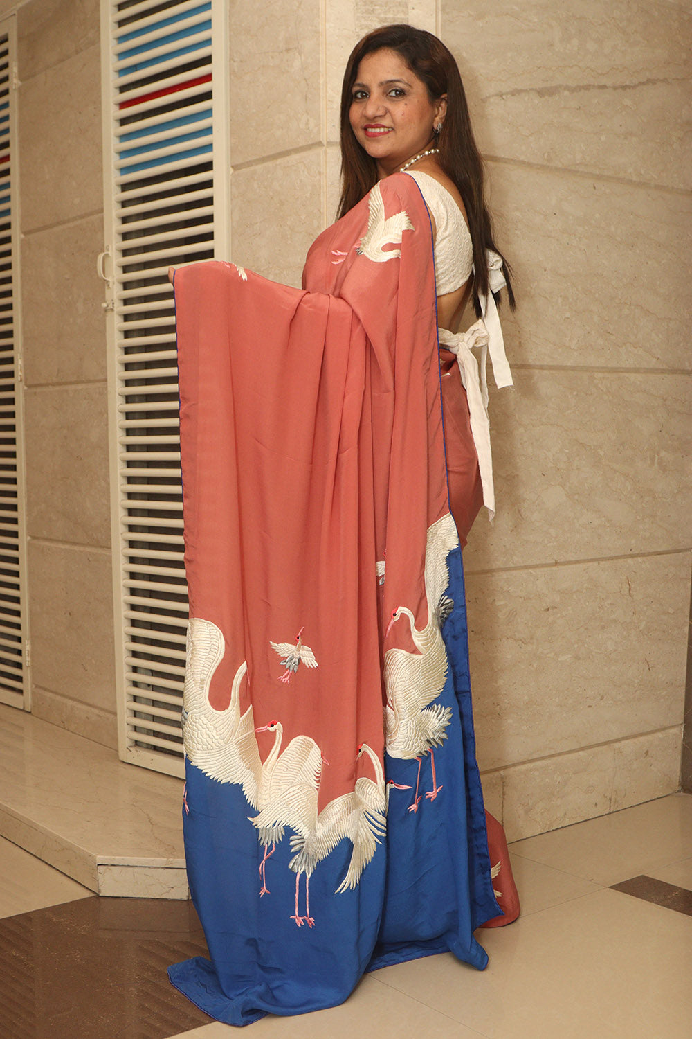 Blue And Brown Parsi Gara Hand Embroidered Pure Crepe Bird Design Saree - Luxurion World