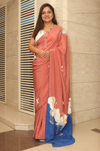 Blue And Brown Parsi Gara Hand Embroidered Pure Crepe Bird Design Saree - Luxurion World