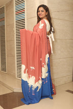 Blue And Brown Parsi Gara Hand Embroidered Pure Crepe Bird Design Saree - Luxurion World