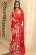 Red Parsi Gara Hand Embroidered Pure Georgette Bird Design Saree - Luxurion World