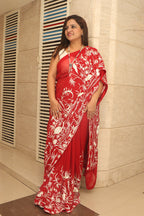 Red Parsi Gara Hand Embroidered Pure Georgette Bird Design Saree - Luxurion World