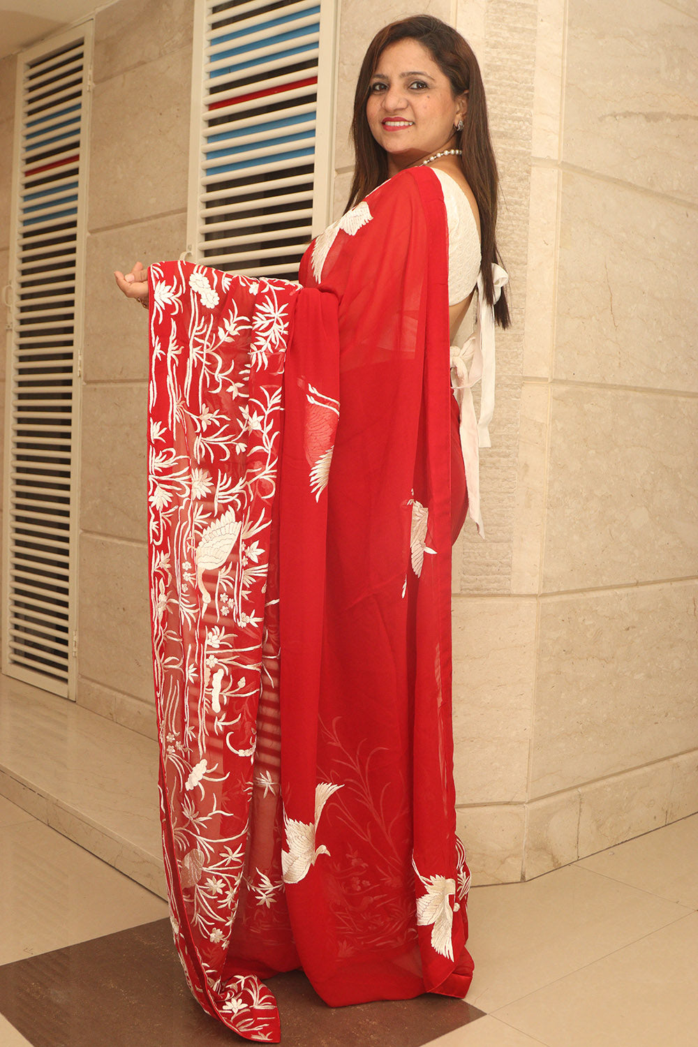 Red Parsi Gara Hand Embroidered Pure Georgette Bird Design Saree - Luxurion World