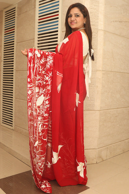 Red Parsi Gara Hand Embroidered Pure Georgette Bird Design Saree - Luxurion World