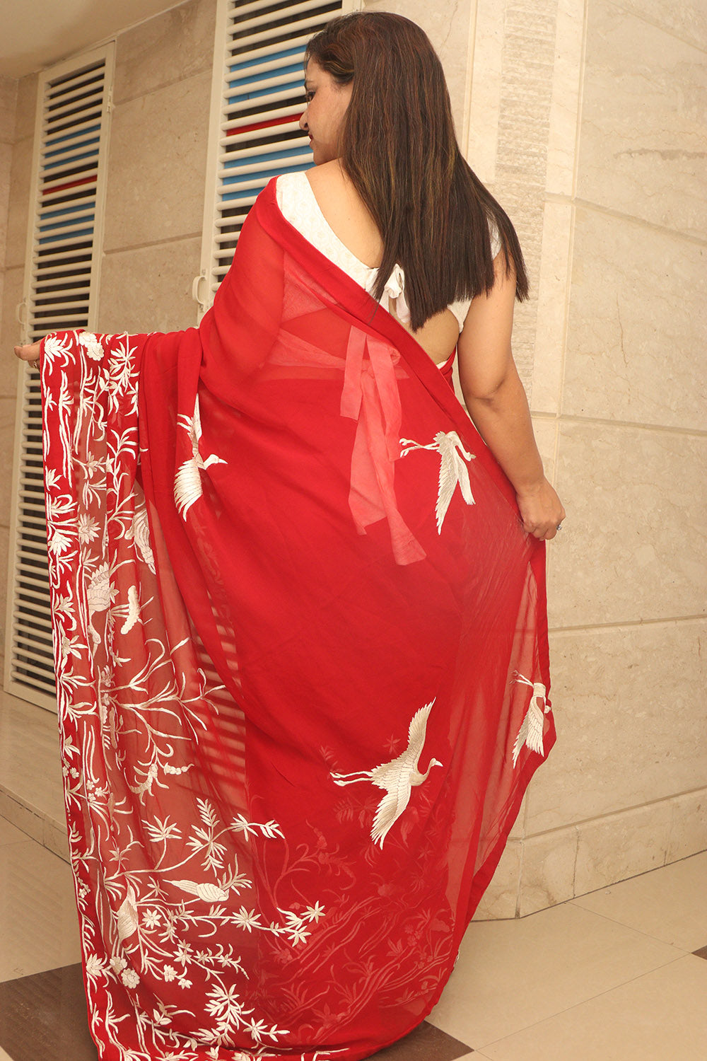 Red Parsi Gara Hand Embroidered Pure Georgette Bird Design Saree - Luxurion World