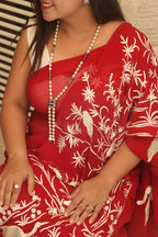 Red Parsi Gara Hand Embroidered Pure Georgette Bird Design Saree - Luxurion World