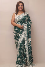 Green Hand Embroidered Parsi Gara Crepe Bird And Flower Design Saree - Luxurion World