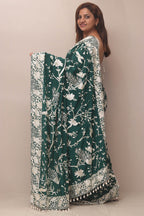 Green Hand Embroidered Parsi Gara Crepe Bird And Flower Design Saree - Luxurion World