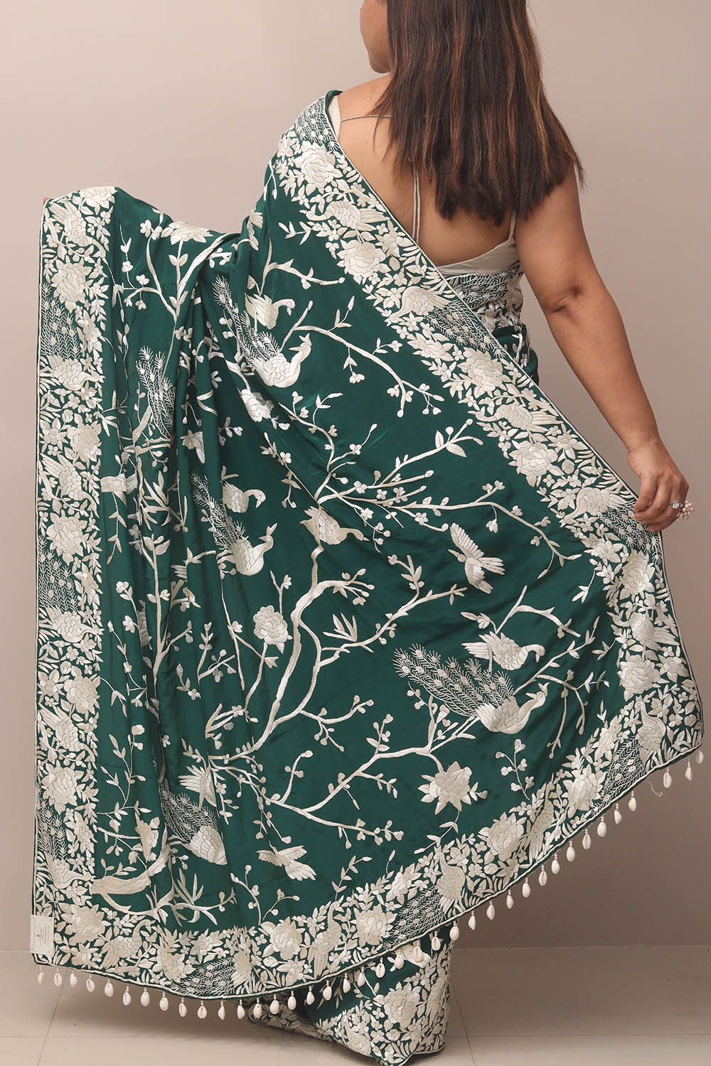 Green Hand Embroidered Parsi Gara Crepe Bird And Flower Design Saree - Luxurion World
